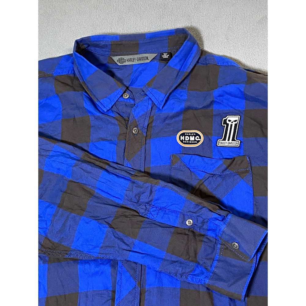 Harley-Davidson Men's Button Buffalo Check Blue/Black Flannel Shirt Measures XL